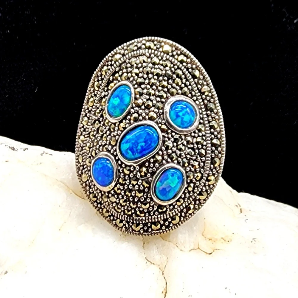 Silver Ring 925 Designer Ring Nlue Opal Stones Swiss Marcasite Mineral Crystals